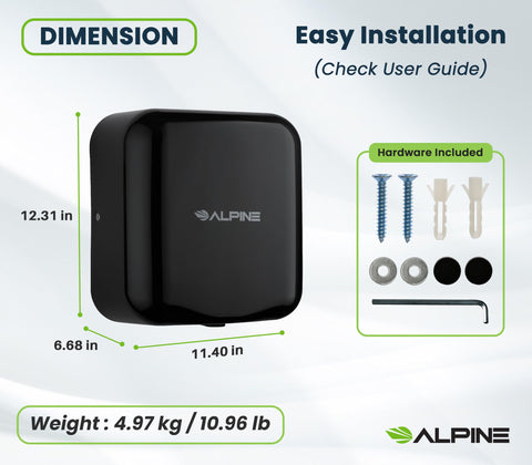 Alpine Commercial Automatic Hand Dryer - High Speed Air Hand Dryer for Home, Restaurant, Bathroom, and High Traffic Areas. 1800 Watts / 110-120 Volts (Black)