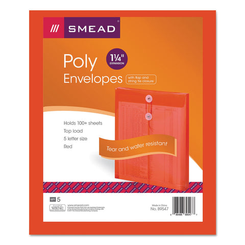 Smead Poly Envelope, 1-1/4" Expansion, String-Tie Closure, Top Load, Letter Size, Red, 5 per Pack (89547)