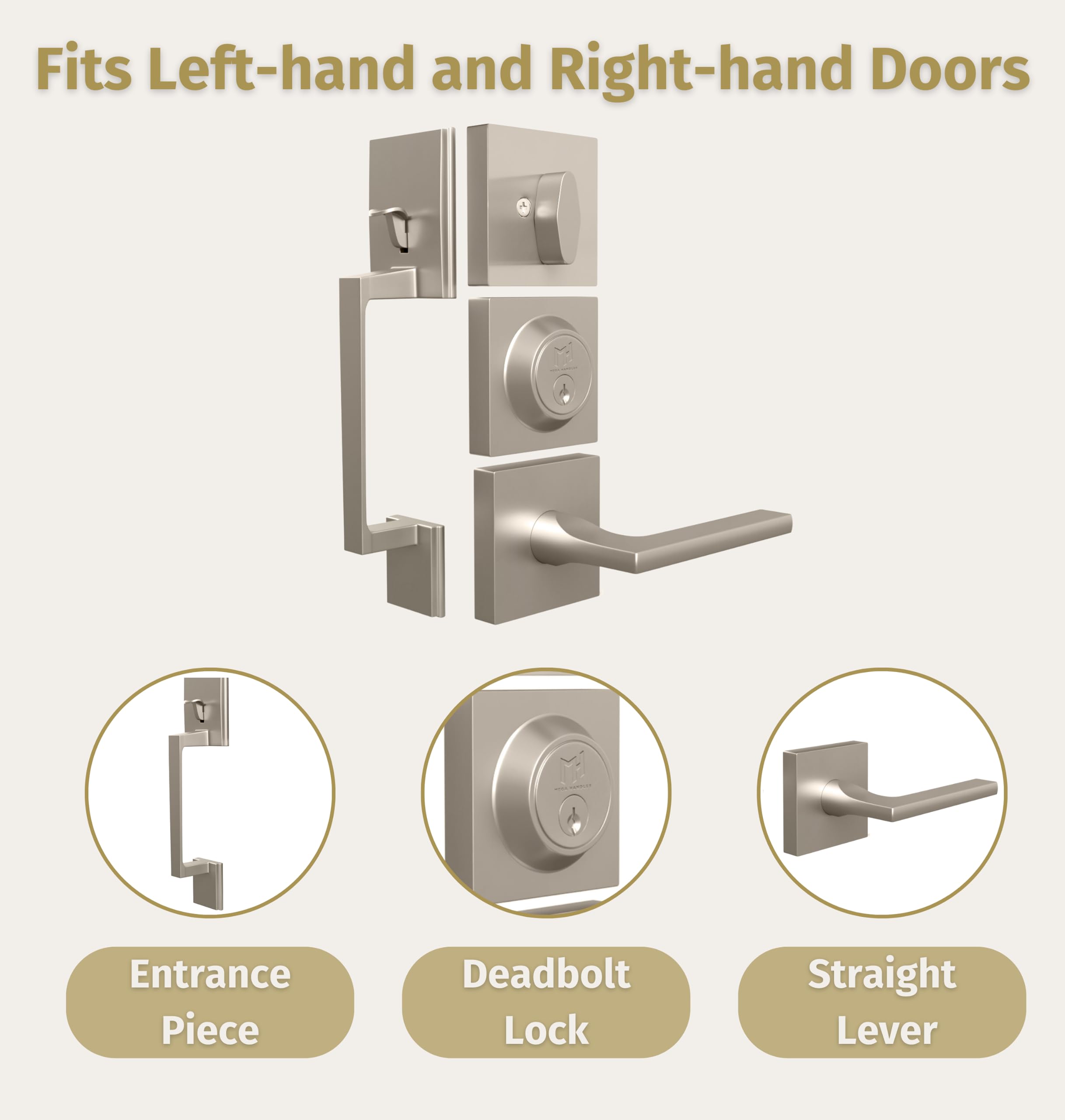 Mega Handles - TOBELLE Silver Entry Door Handleset - Single Cylinder Handleset with Lever for Entrance and Front Doors - Modern Door Handles for Left and Right-Handed Doors - Straight Handle