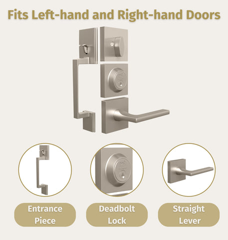 Mega Handles - TOBELLE Silver Entry Door Handleset - Single Cylinder Handleset with Lever for Entrance and Front Doors - Modern Door Handles for Left and Right-Handed Doors - Straight Handle