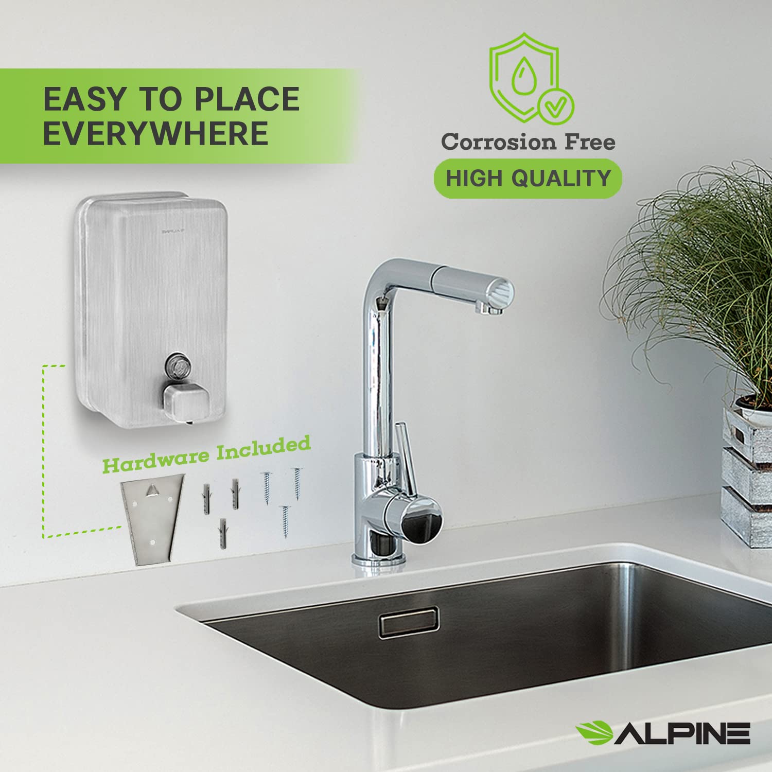 Alpine Industries Manual Stainless Steel Liquid Soap Dispenser, Vertical – 40oz Capacity - Rust Proof Wall Mounted Commercial Handsoap Holder for Office Home & Hotel