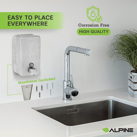 Alpine Industries Manual Stainless Steel Liquid Soap Dispenser, Vertical – 40oz Capacity - Rust Proof Wall Mounted Commercial Handsoap Holder for Office Home & Hotel