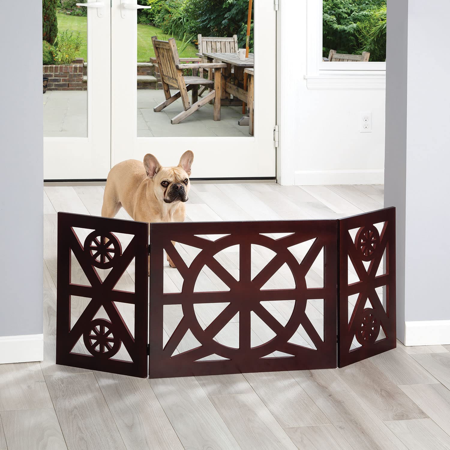 Etna 3 Panel Dog Gate - Trifold Wagon Wheel, Freestanding, Lightweight Foldable, Mahogany Wood, Brown, 48" W x 19" H