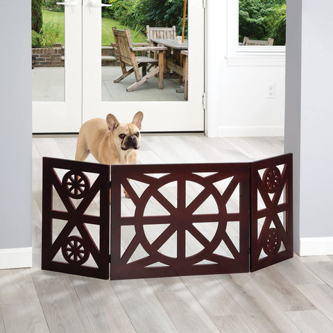 Etna 3 Panel Dog Gate - Trifold Wagon Wheel, Freestanding, Lightweight Foldable, Mahogany Wood, Brown, 48" W x 19" H