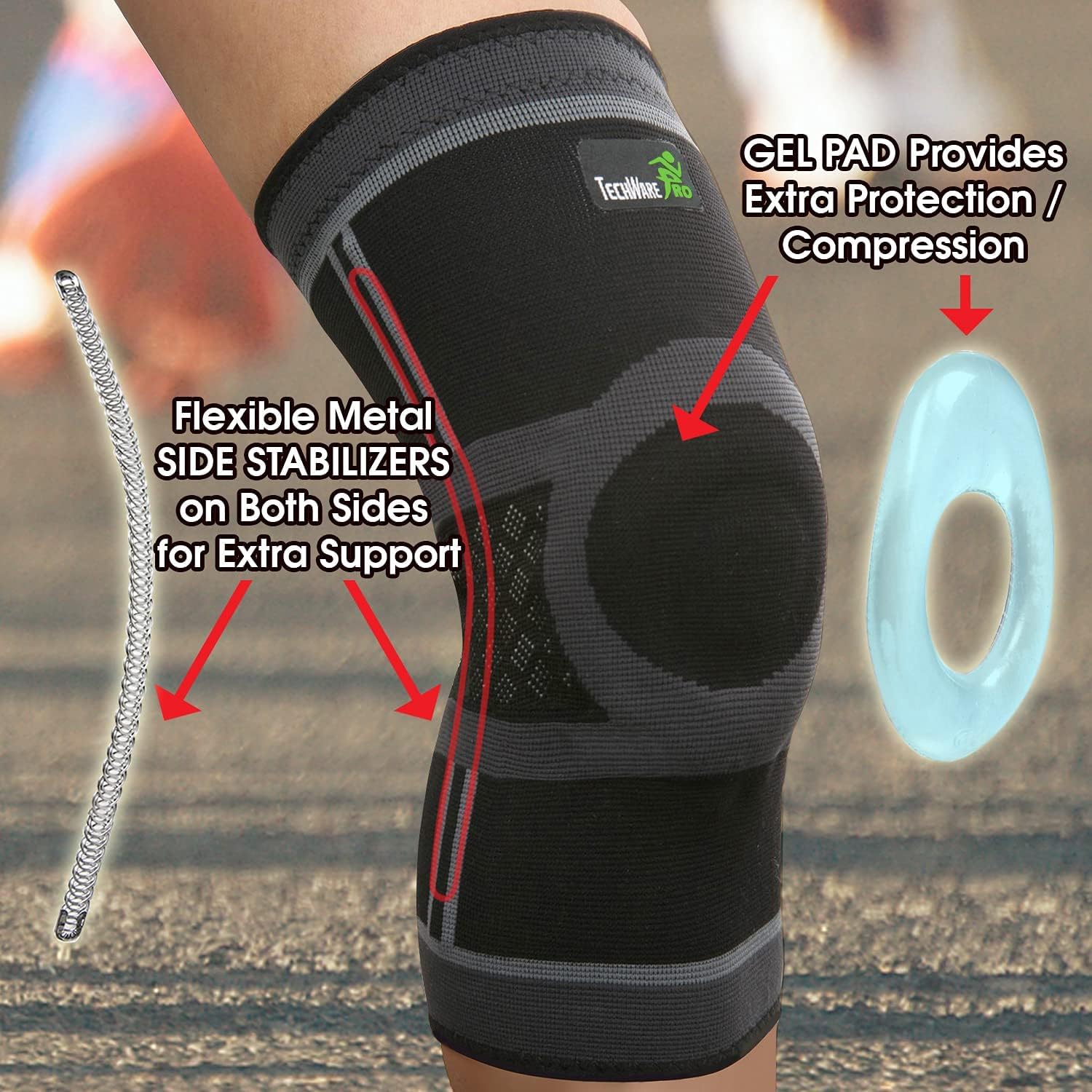 TechWare Pro Knee Brace for Women & Men - Knee Compression Sleeve for Knee Pain, Knee Support. Knee Brace for Meniscus Tear, ACL, and Arthritis with Side Stabilizers & Gel Pads (Black/Gray XLarge)