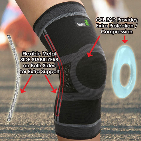 TechWare Pro Knee Brace for Women & Men - Knee Compression Sleeve for Knee Pain, Knee Support. Knee Brace for Meniscus Tear, ACL, and Arthritis with Side Stabilizers & Gel Pads (Black/Gray XLarge)
