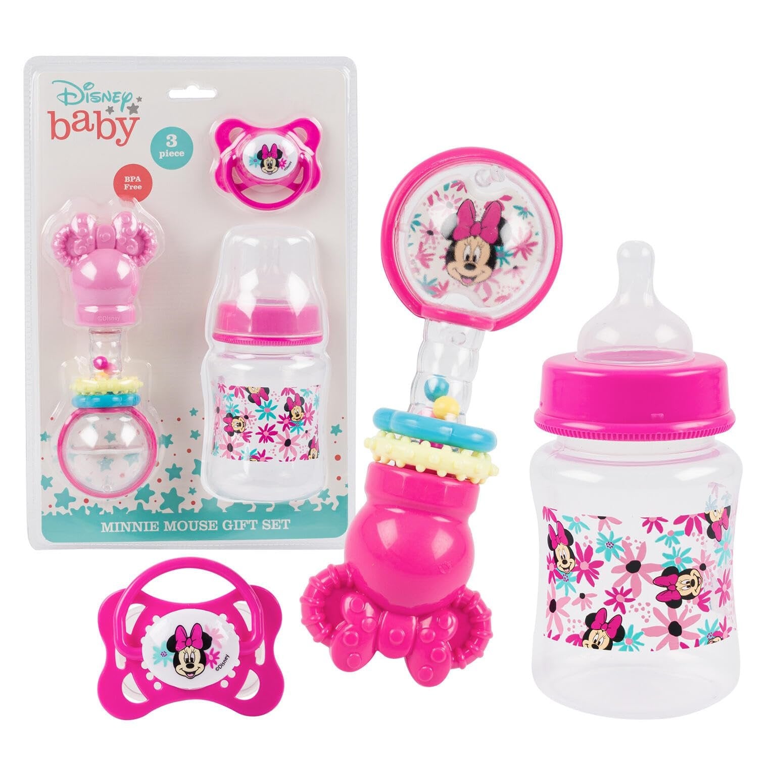 Disney Baby Girl Minnie Mouse 5 OZ Bottle, Rattle & Pacifier Gift Set FD51135