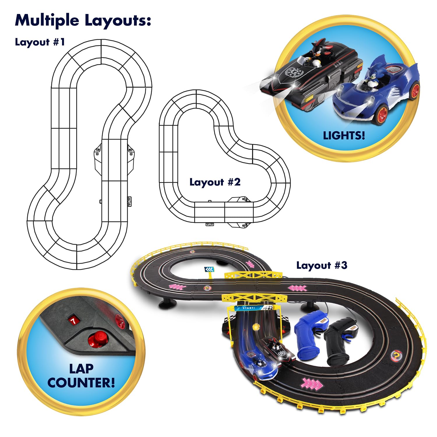 NKOK Sonic and Shadow Race Track Set with Working Lights, Lap Counter, Figure-8 Slot Car Track, Brown Box Packaging