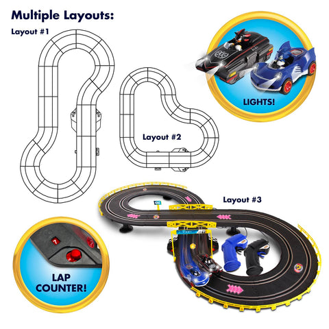 NKOK Sonic and Shadow Race Track Set with Working Lights, Lap Counter, Figure-8 Slot Car Track, Brown Box Packaging