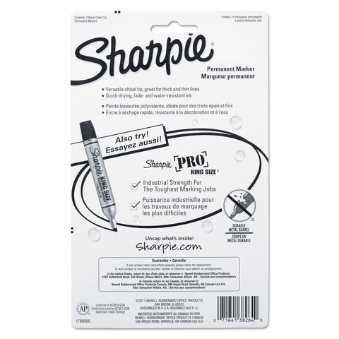 Sharpie 38264PP Permanent Markers, 5.3mm Chisel Tip, Black, 4/Pack