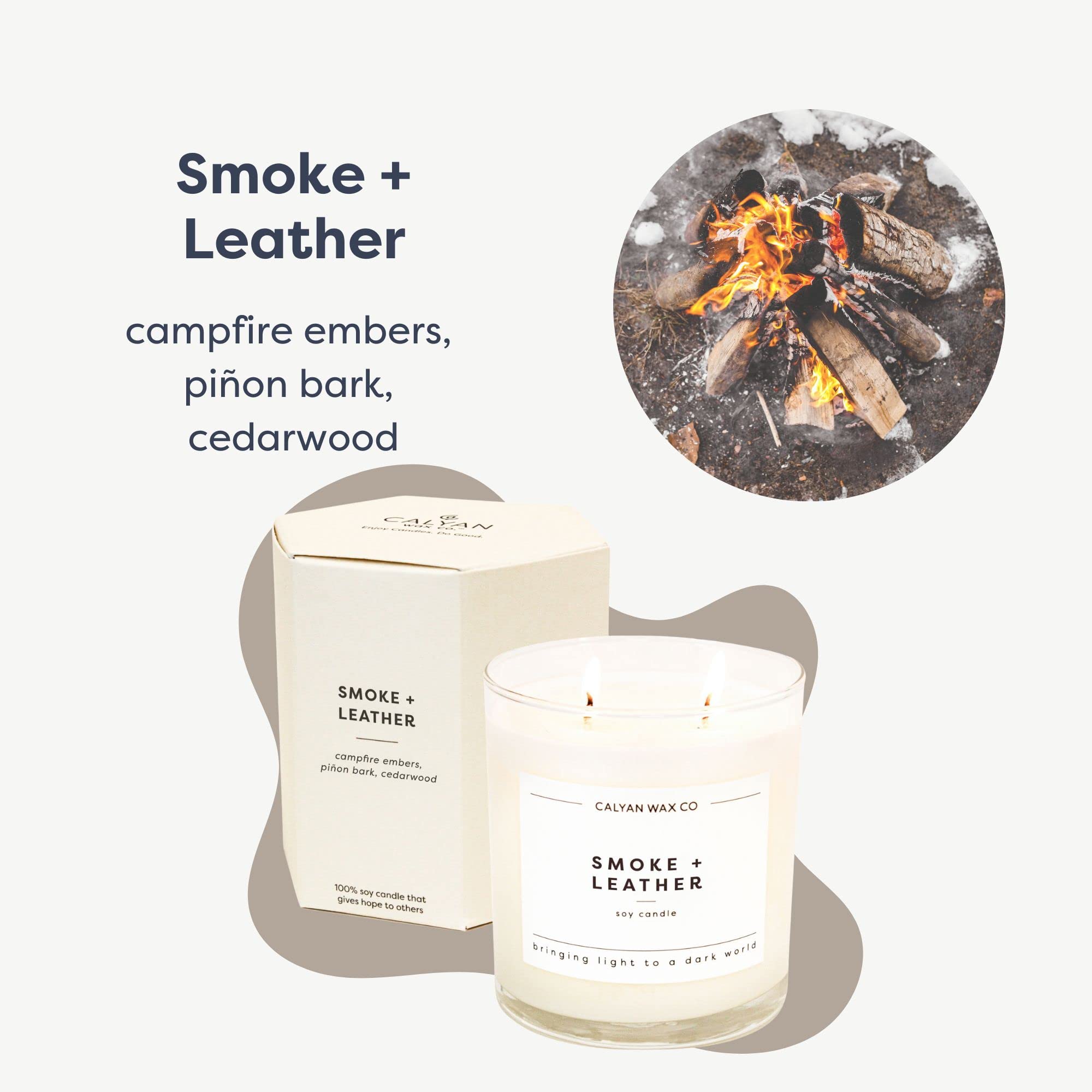 Calyan Wax Co. Smoke & Leather 2 Wick Scented Candle - 37 Hour Burn - Luxury Clean Soy Wax Candles - Long Lasting Large Glass Jar Candle for Home - 8.8oz