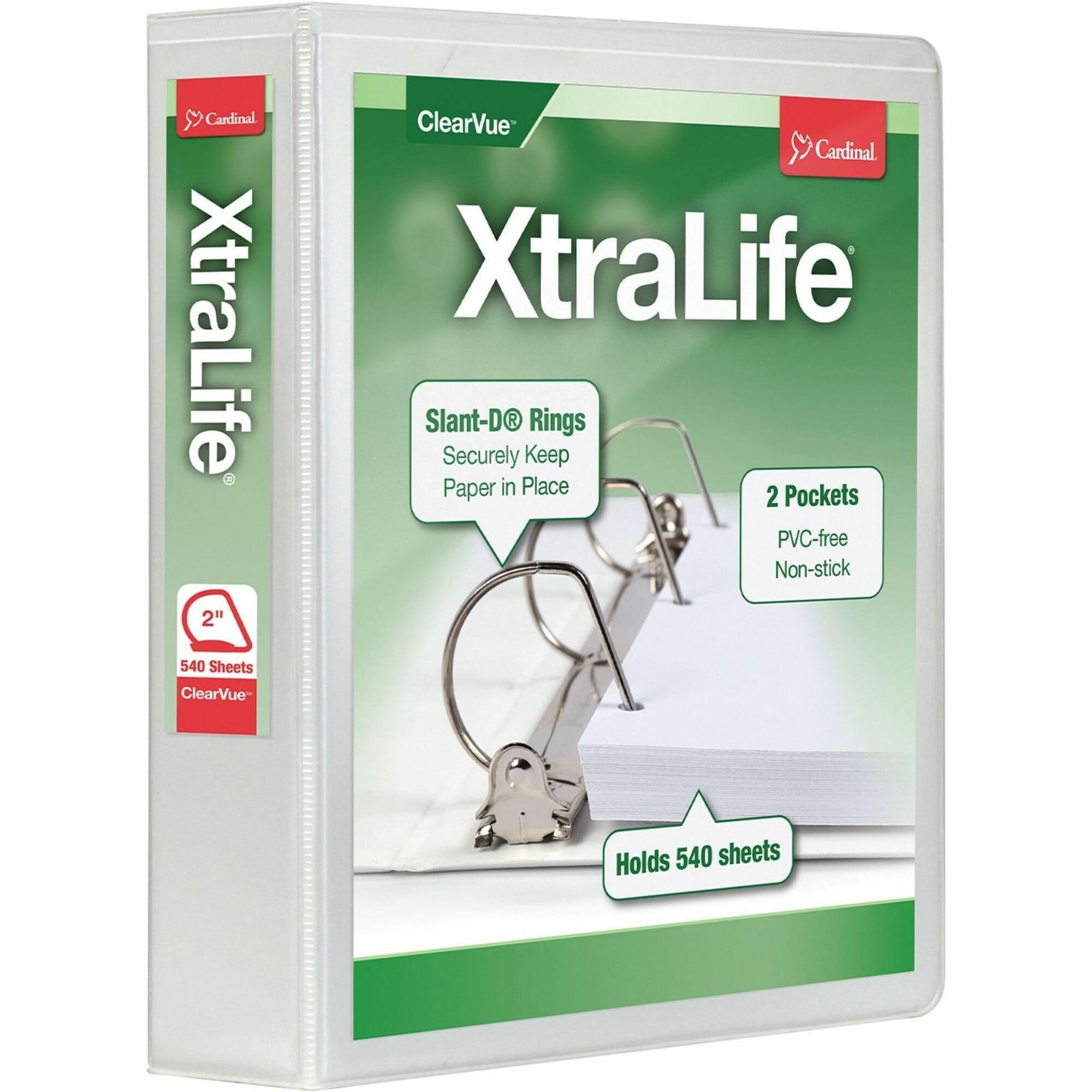 Cardinal 3 Ring Binder, 2 Inch Heavy Duty XtraLife Binder, Locking Slant-D Rings, Crack-Resistant Cover & Spine, ClearVue Covers, Holds 540 Sheets, PVC-Free, White (26320)