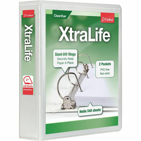 Cardinal 3 Ring Binder, 2 Inch Heavy Duty XtraLife Binder, Locking Slant-D Rings, Crack-Resistant Cover & Spine, ClearVue Covers, Holds 540 Sheets, PVC-Free, White (26320)