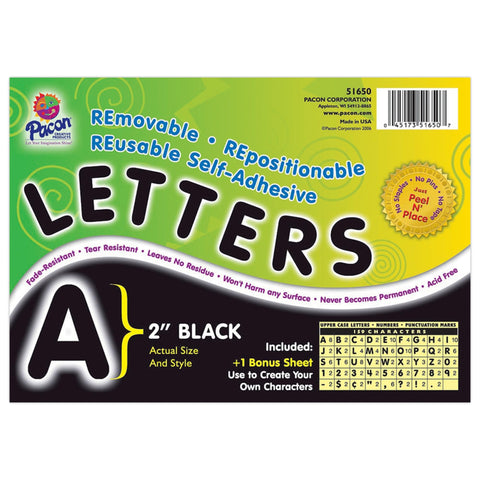 Pacon Reusable Self-Adhesive Vinyl Letters & Numbers Puffy Font 2" Black