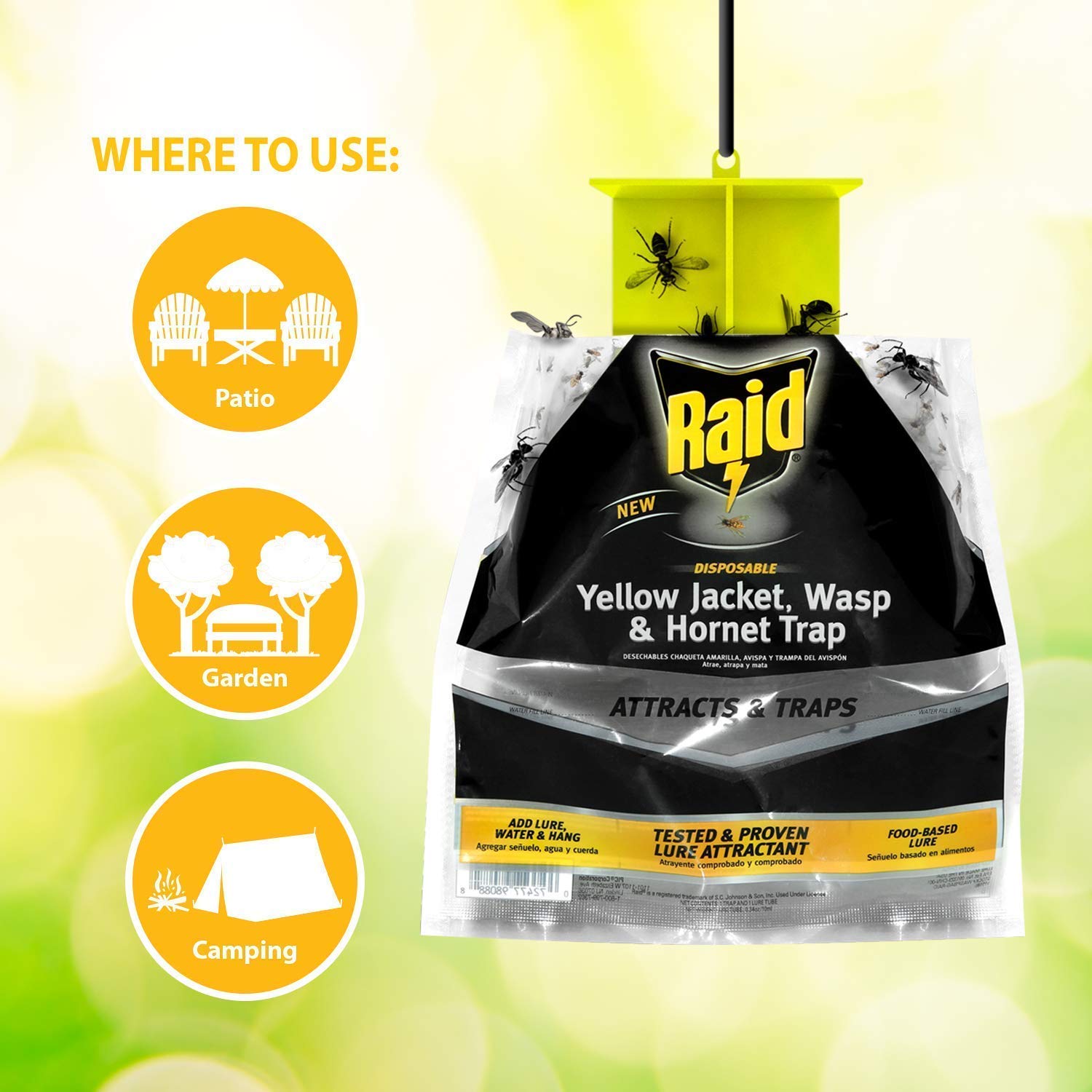 Raid Yellow Jacket, Wasp & Hornet Trap, 3 Pack, Disposable, Convenient, Hanging Fly Trap Bags with Food-Based Lure, No-Spray Outdoor Fly Traps Suitable Defense for Yards, Patios & Campsites
