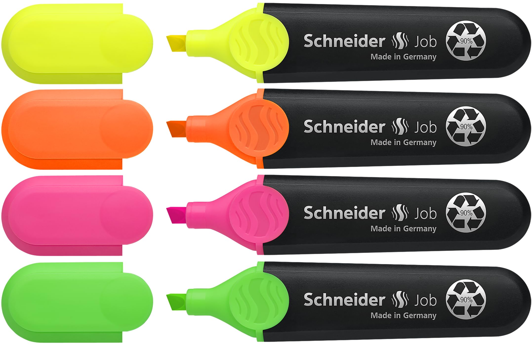 Schneider Job Highlighters, Chisel Tip, 1 + 5 mm, Black Barrel, Assorted Ink Colors, Pack of 4 Highlighters: Orange, Green, Pink, Yellow (1500)