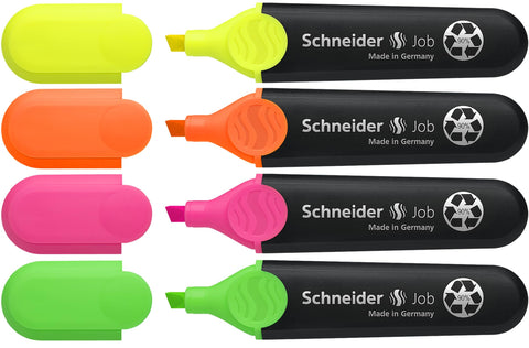 Schneider Job Highlighters, Chisel Tip, 1 + 5 mm, Black Barrel, Assorted Ink Colors, Pack of 4 Highlighters: Orange, Green, Pink, Yellow (1500)