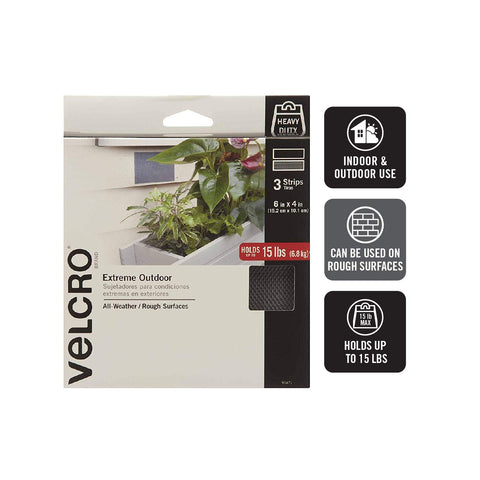 VELCRO Brand Outdoor Wide Heavy Duty Strips | 6" x 4" Pk of 3 | Holds 15 lbs | Titanium Extreme Industrial Strength Adhesive Fasteners | Strong Weather Resistance for Rough Surfaces (91471)