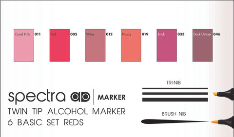Chartpak Spectra AD Marker Set in Plastic Case, Tri-Nib and Brush Dual-Tip, 6 Assorted Red Colors (SREDS6AD)