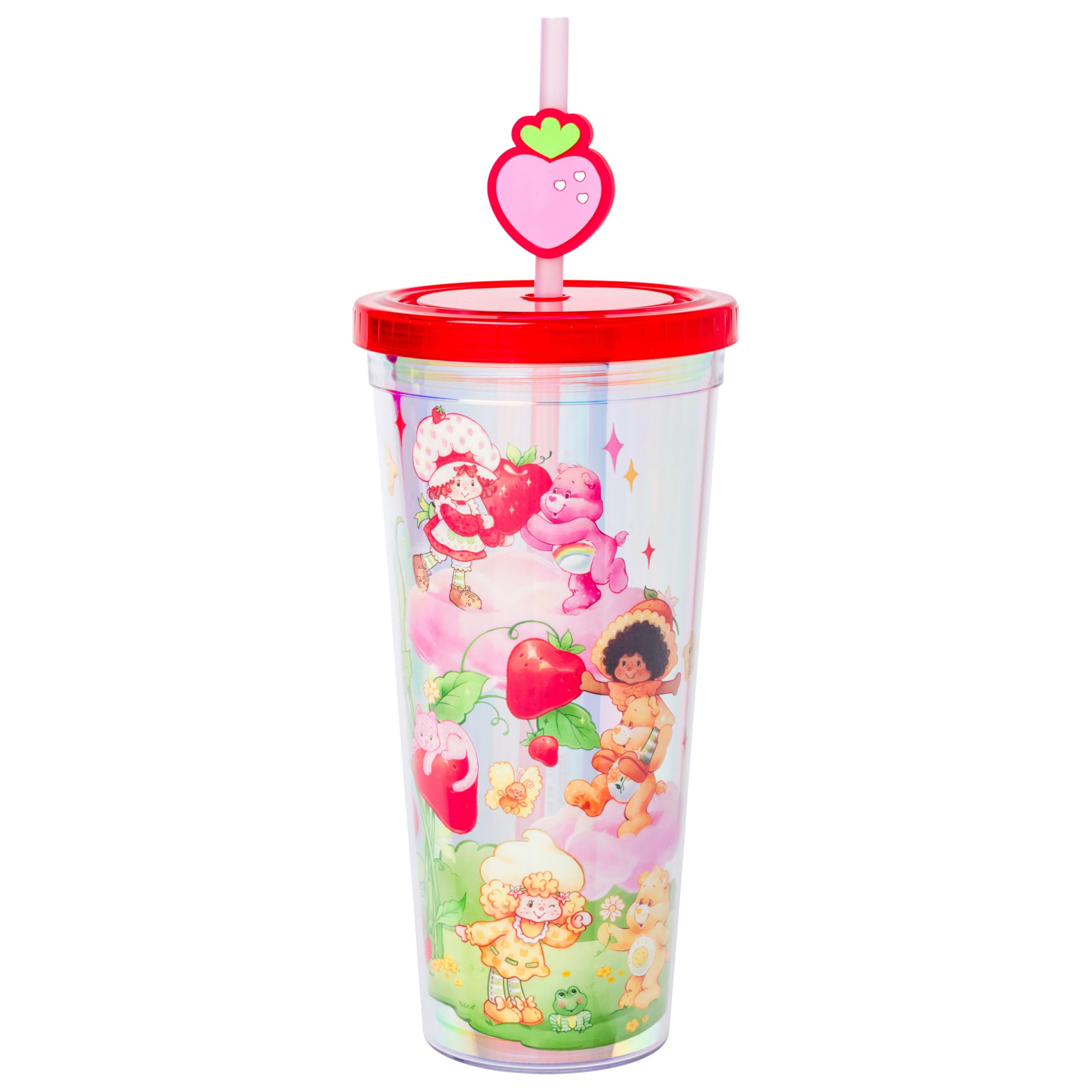 Silver Buffalo Care Bears and Strawberry Shortcake Featuring Cheer, Funshine, Friend, Orange Blossom, and Lemon Meringue Iridescent Plastic Cold Cup with Lid and Topper Straw, 24 Ounces