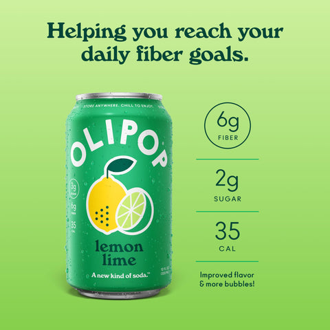 OLIPOP Prebiotic Soda Pop, Lemon Lime, Pantry Pack Packed with Prebiotics, Fiber, and Botanicals, Gluten Free, GMO Free, 12oz (12-Cans)