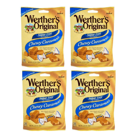 Werther's Original Chewy Caramels Sugar Free Candies - Individually Wrapped Soft & Chewy Candy Pieces, Sweets for Parties or Holidays - 2.75 oz Bags (Pack of 4)
