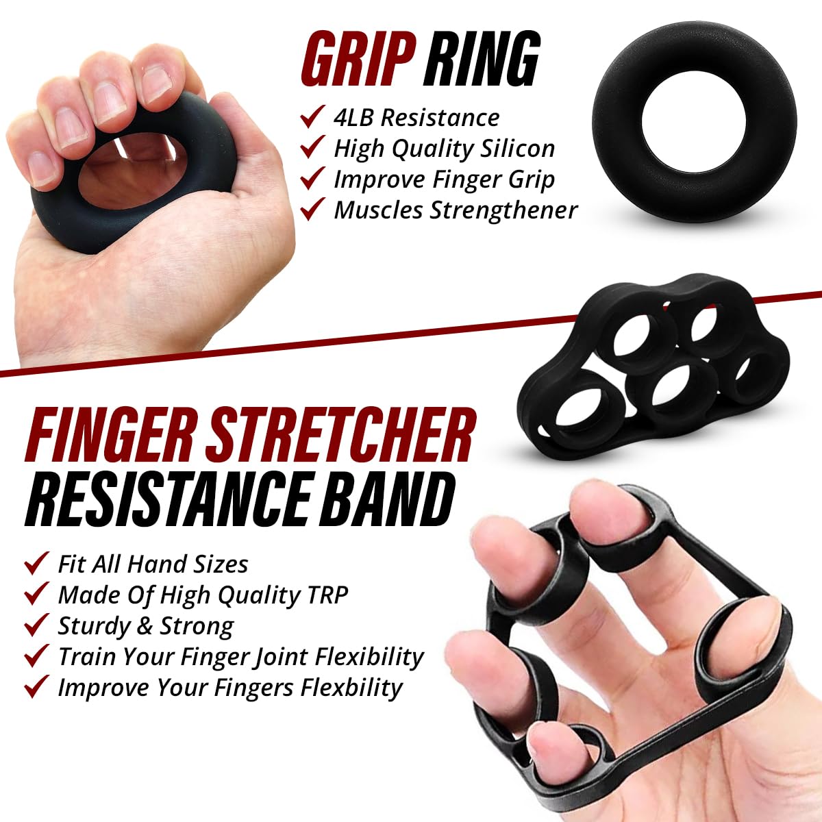 Hand Strength Kit With Finger Exerciser, Stretcher, Forearm Grip Adjustable Gripper, Exercise Ring and Stress Relief Ball for Athletes Muscle Trainer. Black