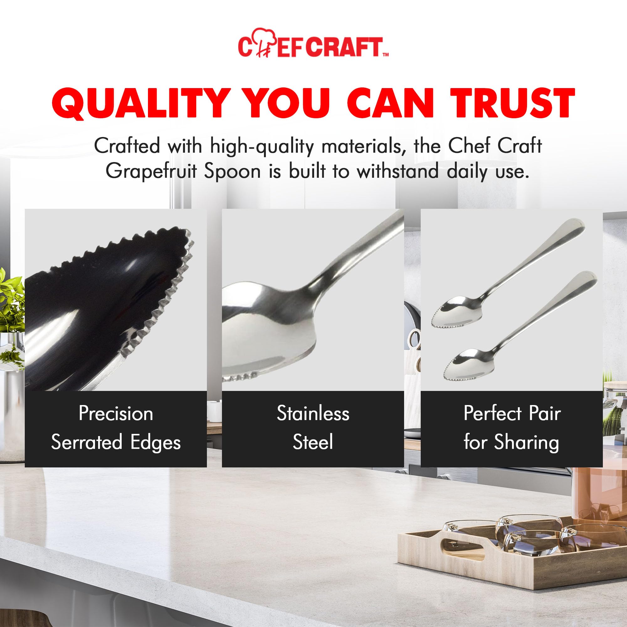 Chef Craft - Select Serrated Grapefruit Spoon, 6.5 Inches 2 Piece Set of Grapefruit Spoons with Serrated Edge, Stainless Steel, Dishwasher-Safe
