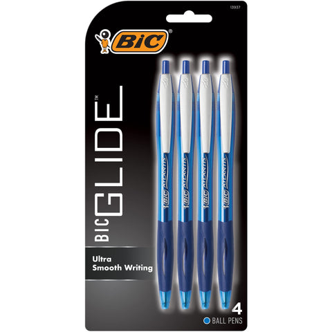 BIC Glide Retractable Ball Pen, Medium Point (1.0 mm), Blue, Comfortable Rubber Grip, 4-Count