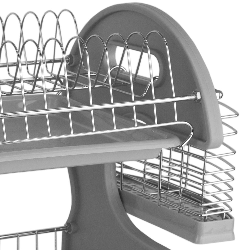2 Tier Dish Drainer, by Home Basics (Grey) Dish Rack for Kitchen Counter, with Detachable Cutlery Holder and 6 Full Sized Glass or Cup Slots, Space-Saving Organizer