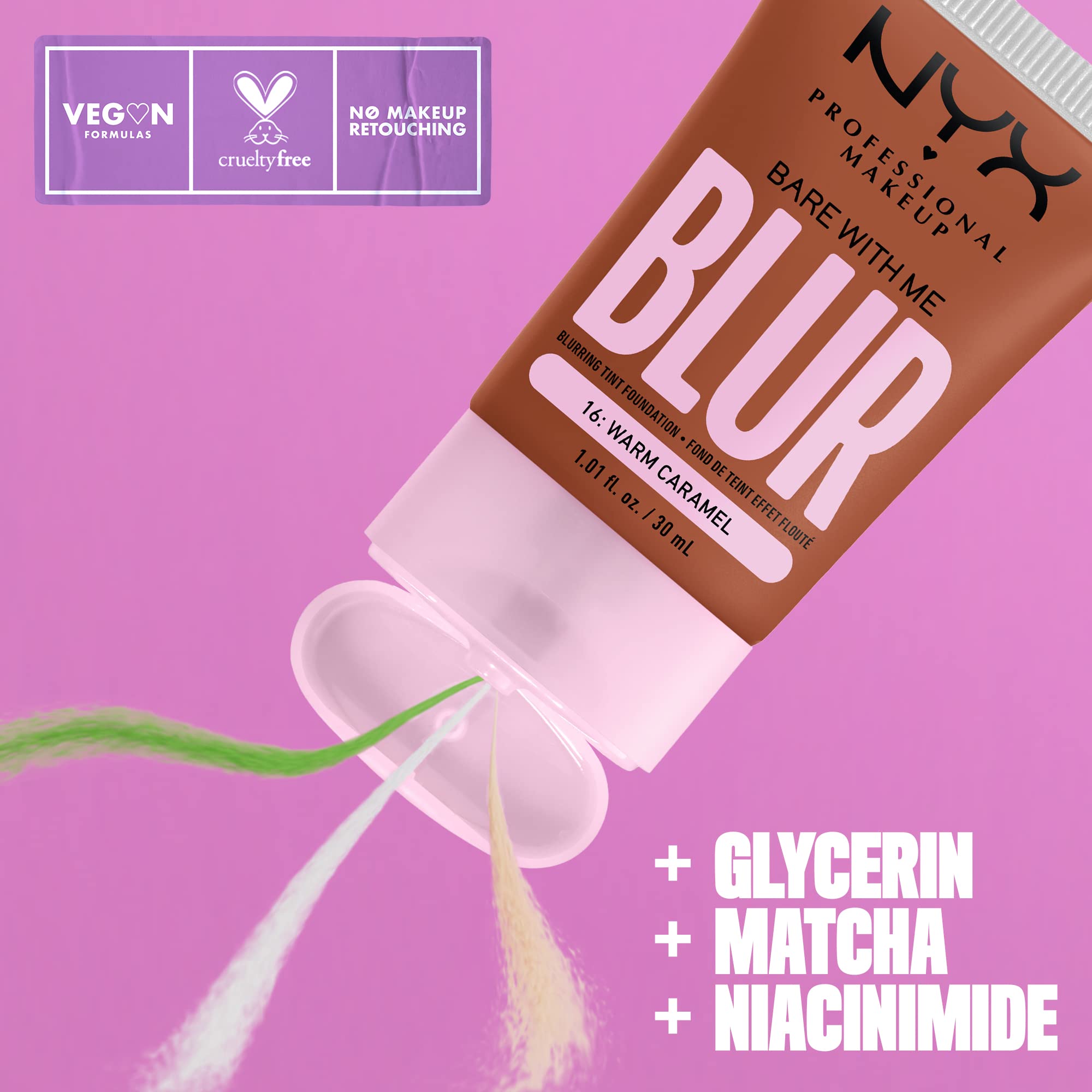 NYX PROFESSIONAL MAKEUP Bare With Me Blur Skin Tint Foundation Make Up with Matcha, Glycerin & Niacinamide - Warm Caramel