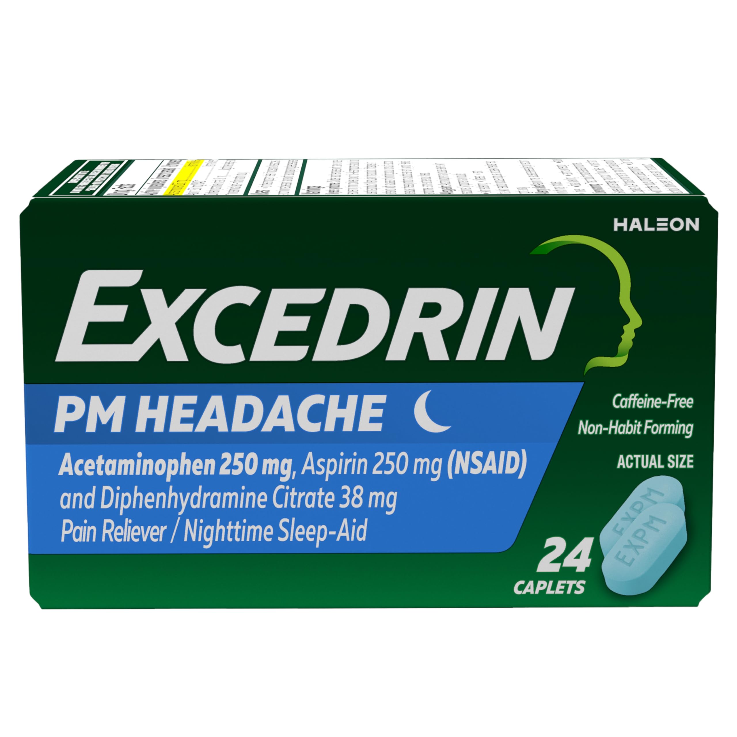 Excedrin PM for Headache Relief, Acetaminophen 250mg, Aspirin 250mg, Diphenhydramine Citrate 38mg, Pain Reliever, Nighttime Sleep-Aid, 24 Count