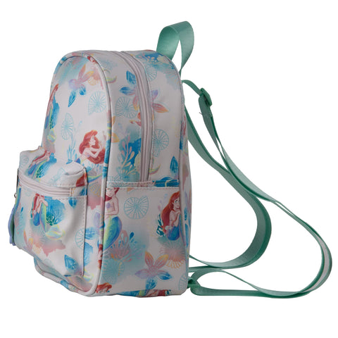 Disney Princess Mini Backpack with Allover Little Mermaid Print & Molded Shell Dangle, 10.5 Inches, Adjustable Straps, Faux Leather