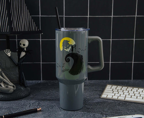 Silver Buffalo Disney Nightmare Before Christmas Featuring Oogie Boogie, Jack Skellington, and Sally Double Walled Stainless Steel Tumbler with Handle and Straw, Fits in Standard Cup Holder, 40 Ounces