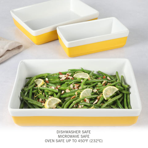 MARTHA STEWART 3-Piece Oven to Table Stoneware Bakeware Set – Baking Dish & Casserole Set – Yellow – Durable Oven-Safe Bakeware for Baking and Serving