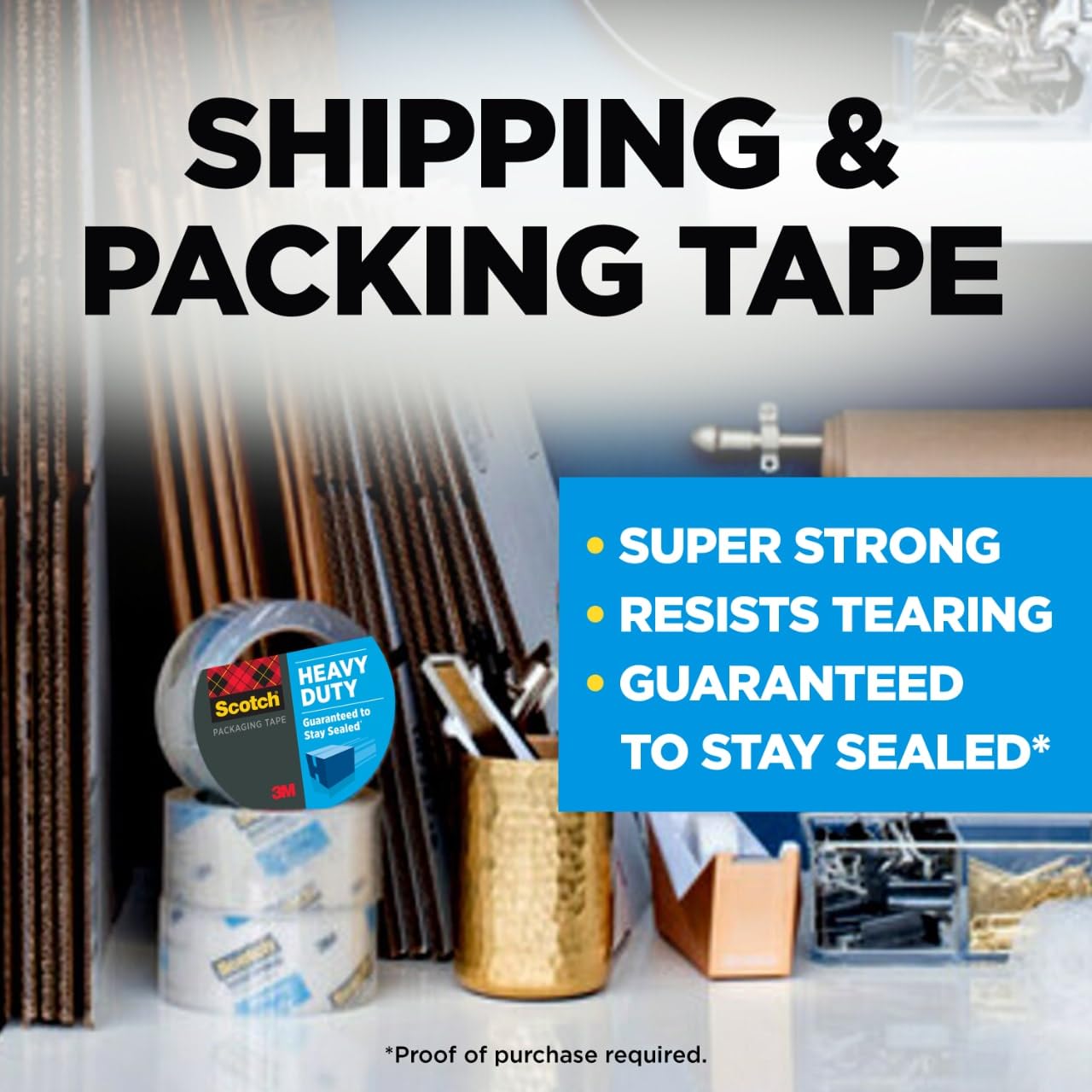 Scotch Heavy Duty Shipping Packing Tape, Clear, Shipping and Packaging Supplies, 1.88 in. x 54.6 yd., 36 Refill Tape Rolls