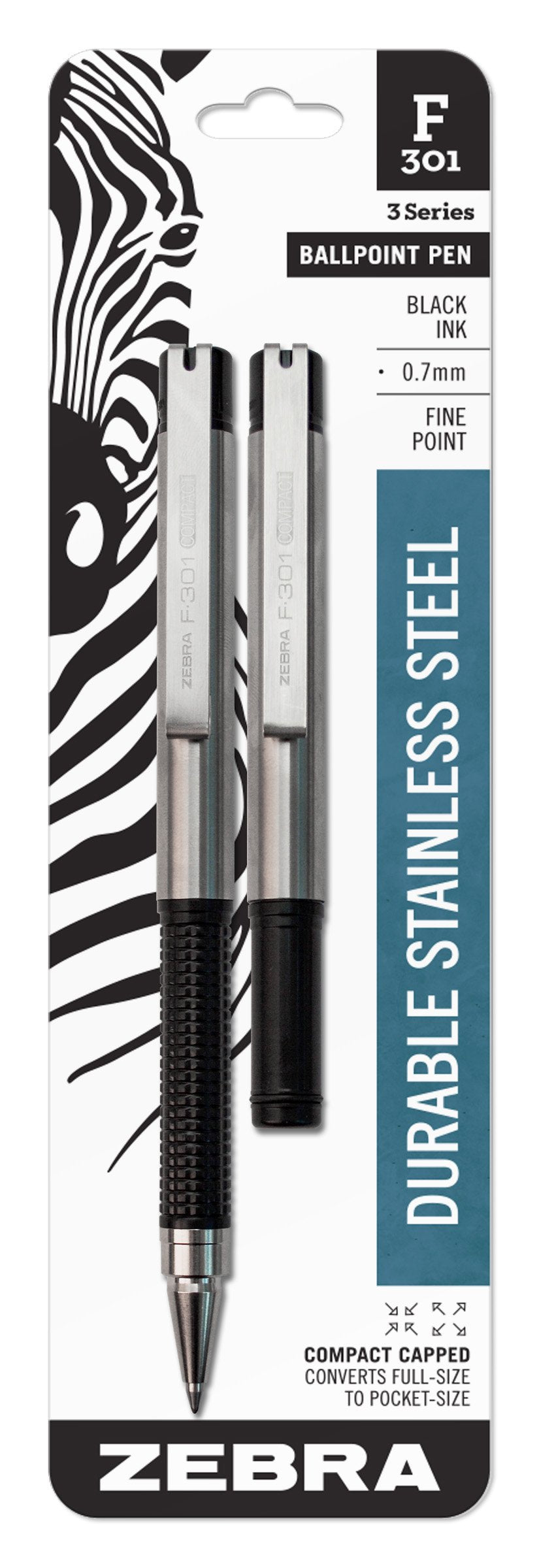 Zebra Pen F-301 Compact Ballpoint Black Ink Fine Point 0.7mm Pen, Easy-Glide Ink, Stainless Steel Retractable, Non-Slip Grip, Converts from Full Size to Pocket Size, 2-Pack (27412)