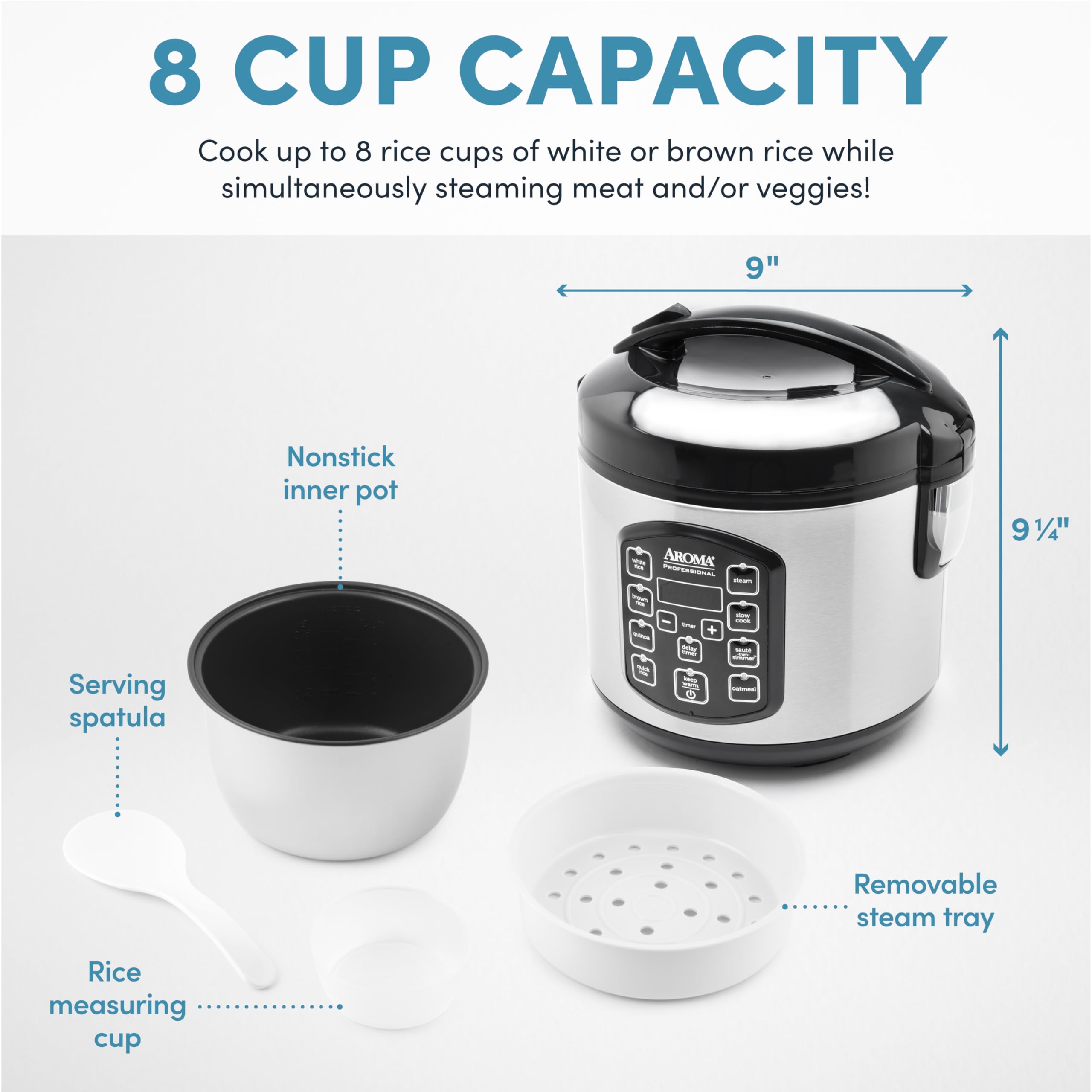 AROMA Professional Digital Rice Cooker, Multicooker, 4-Cup (Uncooked) / 8-Cup (Cooked), Steamer, Slow Cooker, Oatmeal Cooker, STS, Auto Keep Warm, 2 Qt, Stainless Steel Exterior, ARC-954SBD