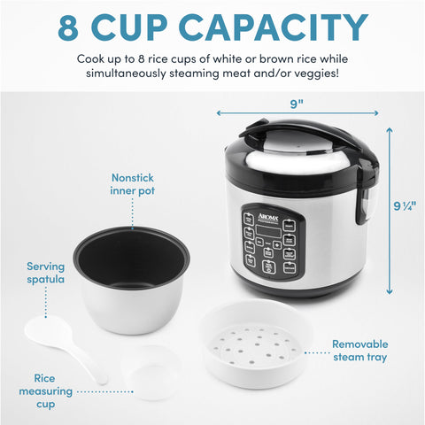 AROMA Professional Digital Rice Cooker, Multicooker, 4-Cup (Uncooked) / 8-Cup (Cooked), Steamer, Slow Cooker, Oatmeal Cooker, STS, Auto Keep Warm, 2 Qt, Stainless Steel Exterior, ARC-954SBD