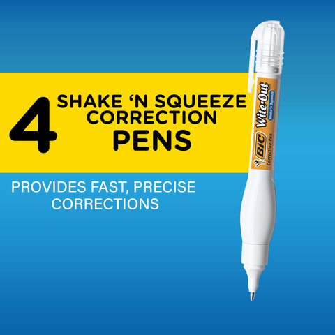 BIC Wite-Out Brand Shake 'n Squeeze Correction Pen, 8 ML Correction Fluid, 4-Count Pack of white Correction Pens, Fast, Clean and Easy to Use Pen Office or School Supplies
