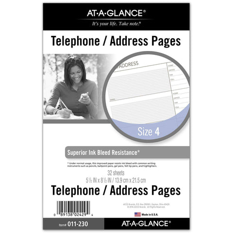 AT-A-GLANCE Day Runner Telephone and Address Pages, Refill, Loose-Leaf, Undated, for Planner, 5-1/2" x 8-1/2", Size 4, 32 Sheets/Pack (011-230)