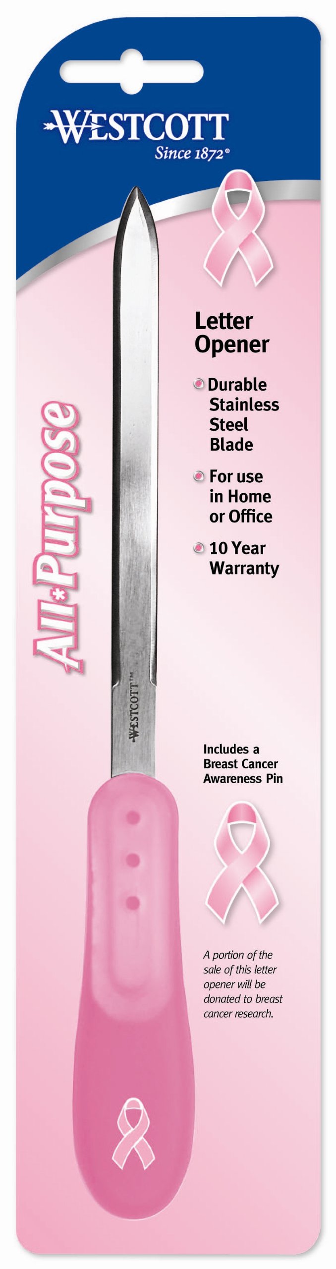 Westcott 9" Stainless Steel Letter Opener for Breast Cancer Awareness, Pink