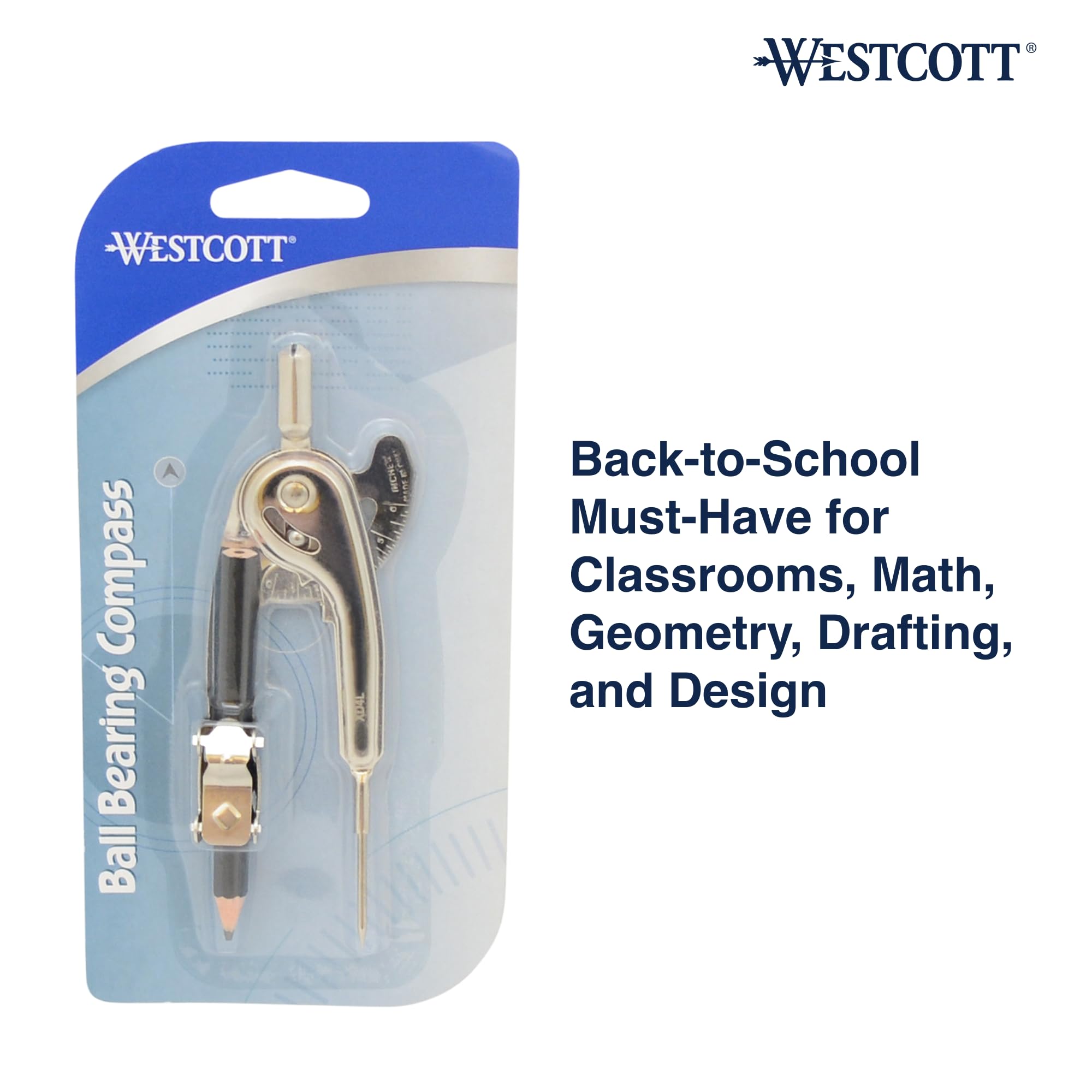 Westcott Nickel-Plated Ball Bearing Compass with Pencil, Professional Style, Back-to-School Supplies, Draws Circles up to 13 Inches in Diameter