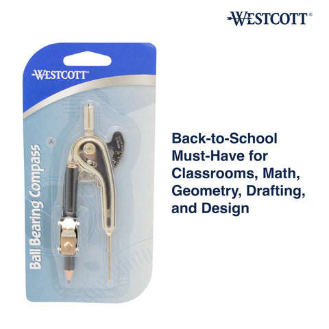 Westcott Nickel-Plated Ball Bearing Compass with Pencil, Professional Style, Back-to-School Supplies, Draws Circles up to 13 Inches in Diameter