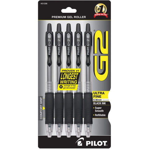 PILOT G2 Premium Refillable and Retractable Rolling Ball Gel Pens, Ultra Fine Point, Black Ink, 5-Pack (31306)
