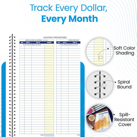 Adams Monthly Bookkeeping Record Book - 8.5" x 11" Spiral Bound 4 Column Ledger 128 Pages - Undated Accounting Ledger Book for Small Business, Payroll, Budget Tracking - Durable Poly Cover - 1 Unit