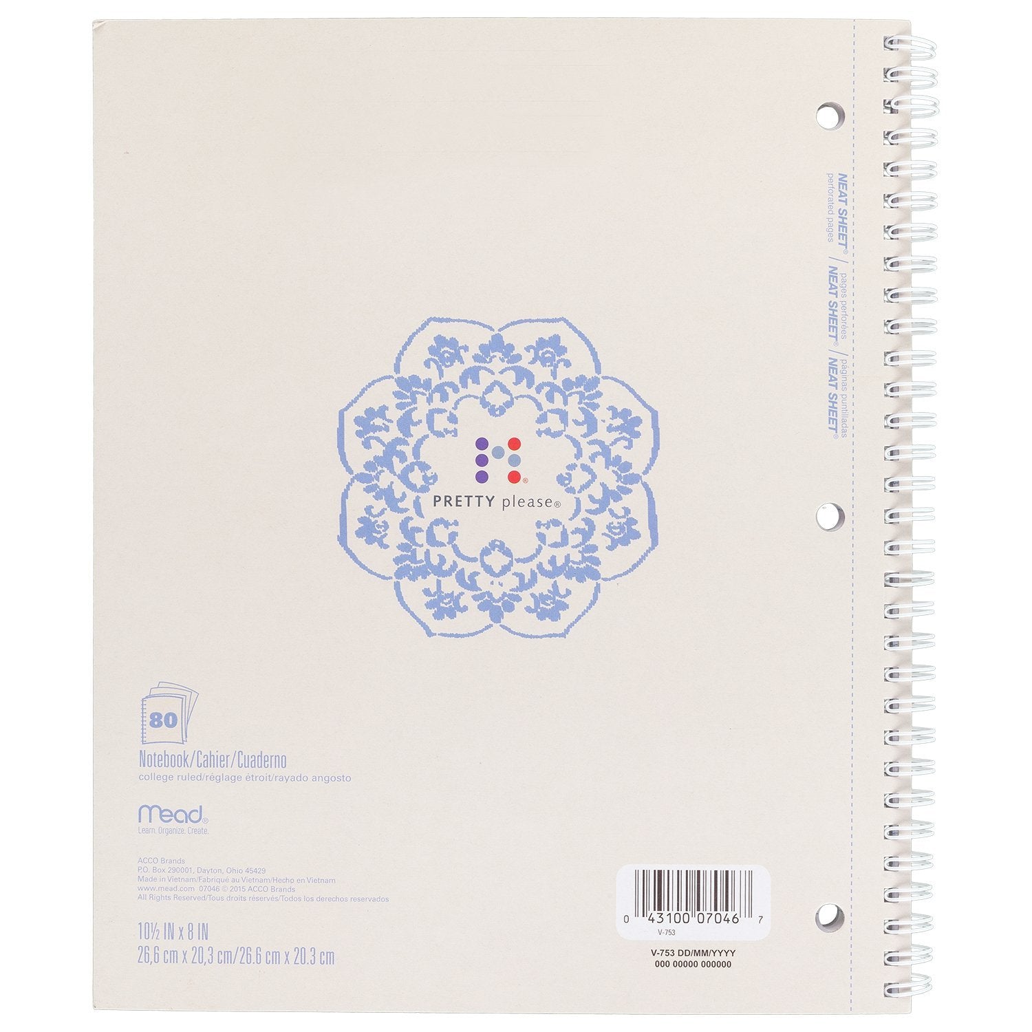 Mead Spiral Notebook, College Ruled, 80 Sheets, 9" x 10-1/2", Pretty Please, Design Selected For You May Vary (07046)