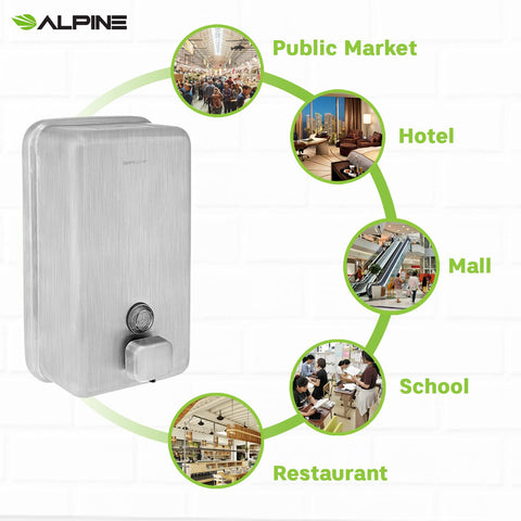 Alpine Industries Manual Stainless Steel Liquid Soap Dispenser, Vertical – 40oz Capacity - Rust Proof Wall Mounted Commercial Handsoap Holder for Office Home & Hotel