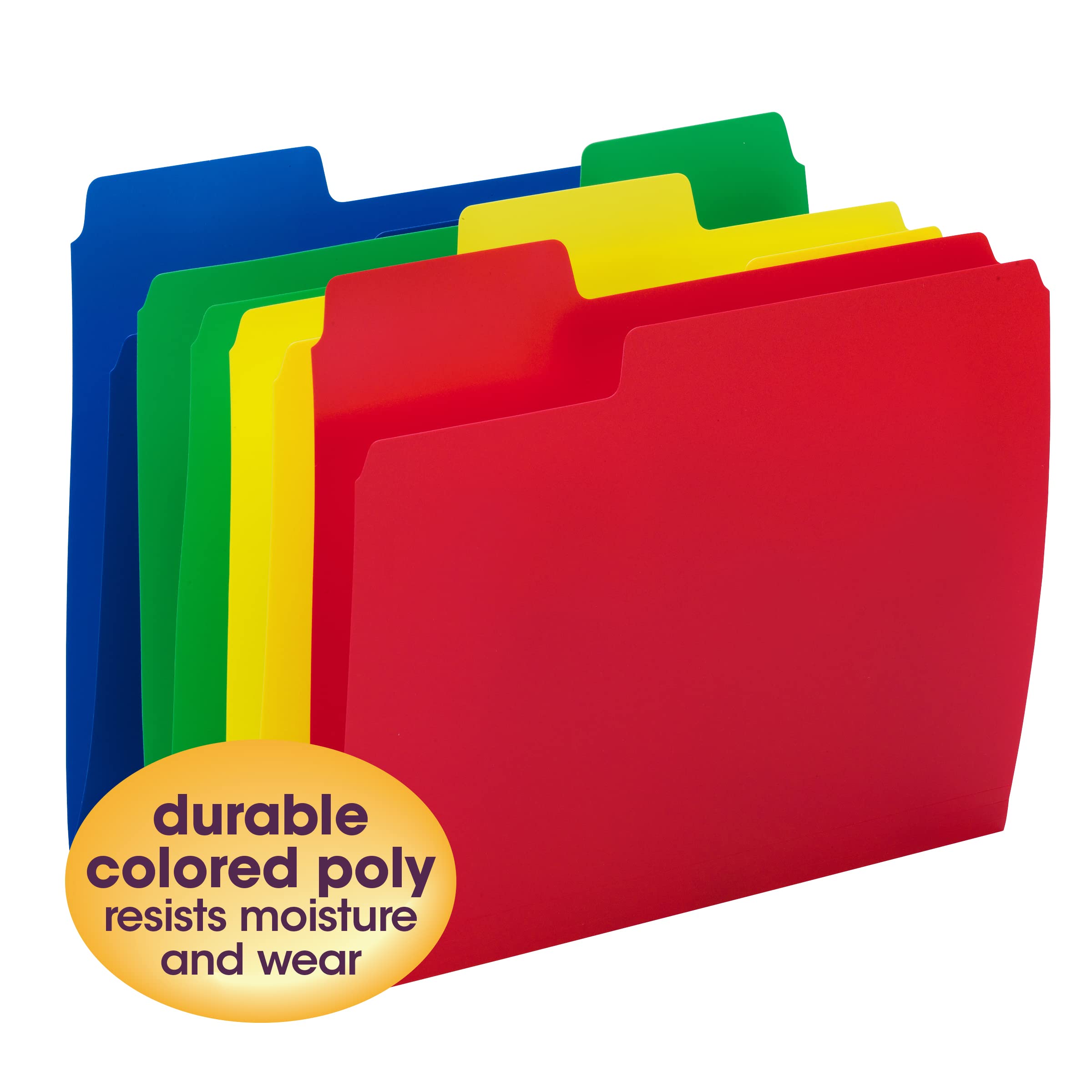 Smead Poly File Folders, SuperTab, 1/3-Cut Tabs, File Folders Letter Size, Assorted Primary Colors, Office Supplies, School Supplies, 12 Count (10516)