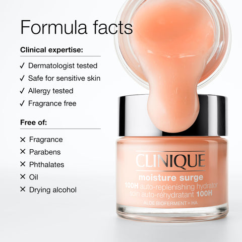 Clinique Moisture Surge 100H Auto-Replenishing Hydrator Oil Free Face Moisturizer | With Hyaluronic Acid, Aloe Bioferment and Vitamins C + E | For All Skin Types | Hydrating + Moisturizing, 1 Fl Oz